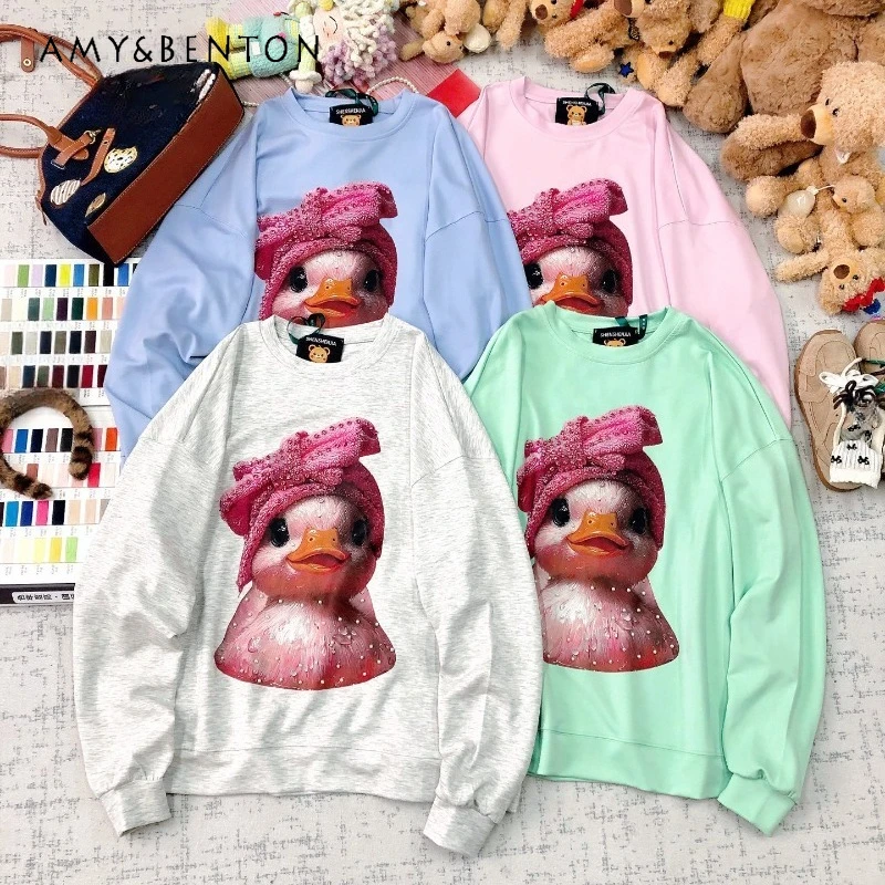 

Autumn New Retro Hoodies Trendy Brand High Street Personality Cartoon Bead Printing Loose Casual Crew Neck Sweatshirts Jacket