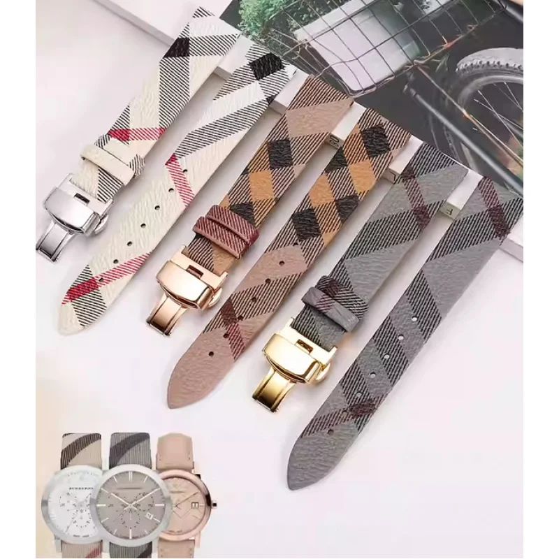 Plaid Pattern Genuine Leather Strap  Black Brown Bracelet For BURBERRY Women Watch strap 14mm 16mm 18mm 20mm 22mm