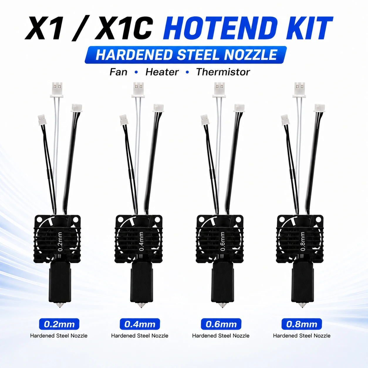 Für X1 X1C Komplette Hot-End-Baugruppe, Düse aus gehärtetem Stahl 0,2/0,4/0,6/0,8 mm mit Kühlventilator, Heizpatrone, Thermistor, 3D-Drucker-Upgrade-Teile