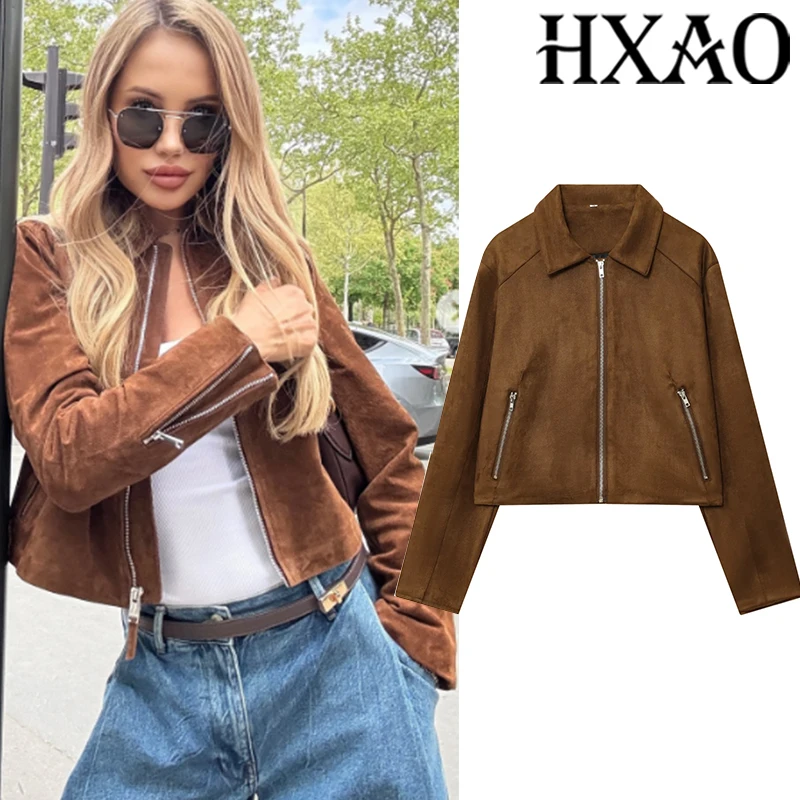 HXAO Women's Bomber Jackets Autumn Cropped Coat Suede Jacket Women Long Sleeve Faux Leather Jacket Zipper Motorcycle Jacket