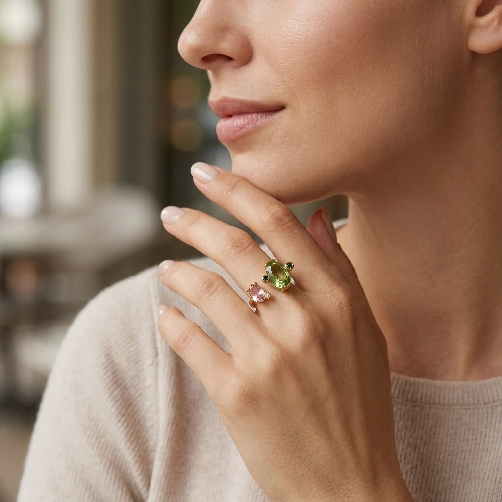 Größenverstellbarer Damenring mit grünem und pinkfarbenem Zirkonia, Modeschmuck für den Alltag und Partys, Geschenk für sie. – Detail 1