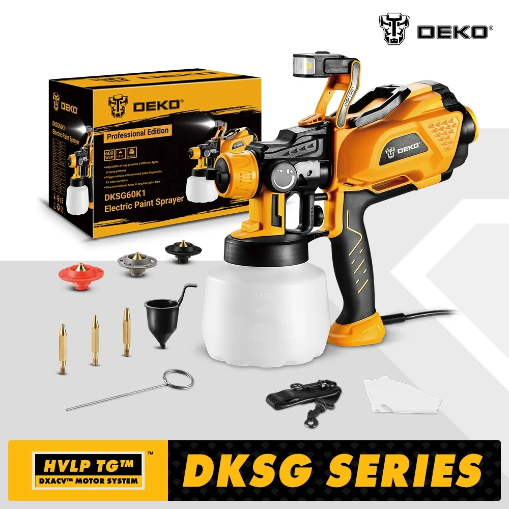 DEKO-PISTOLA DE PULVERIZACIÓN HVLP con luz LED y 3 boquillas, pulverizador de pintura eléctrico de gran capacidad y alta potencia, 1200ml, para bricolaje en el hogar