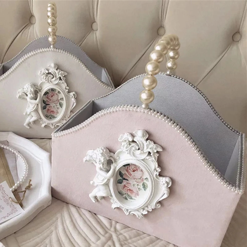 Korean Shopping Basket with Angel Embossed Print, Storage Organizer, Picnic Basket, Home Decoration  Pearl Handbag, Storage Orga