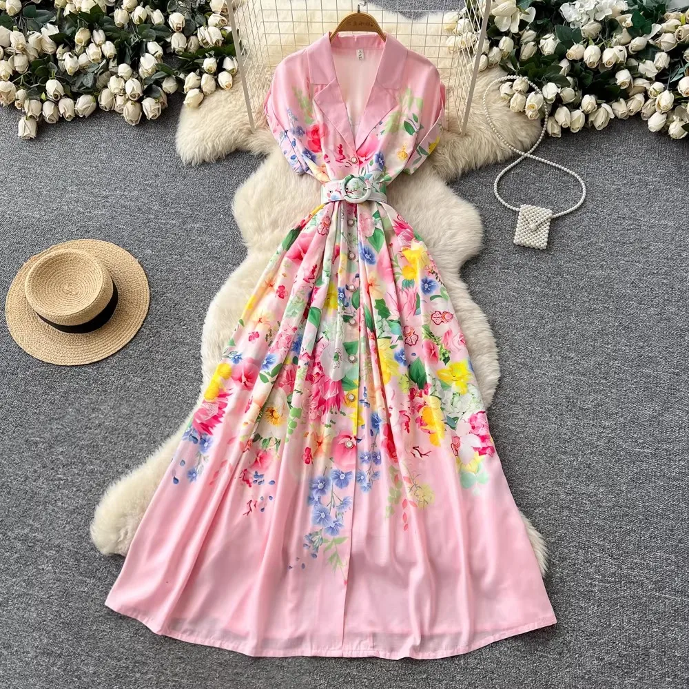 

Elegant Holiday Gorgeous Flower Maxi Dress Women's Notched Short Sleeve Belt Single-Breasted Pearl Buttons Up Linen Robe Clothes