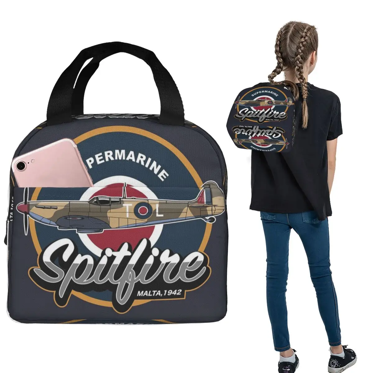 RAF Supermarine Spitfire Fighter Aircraft Plane Airplane Insulated Lunch Bag for Women Children Food Boxes Thermal Lunch Box
