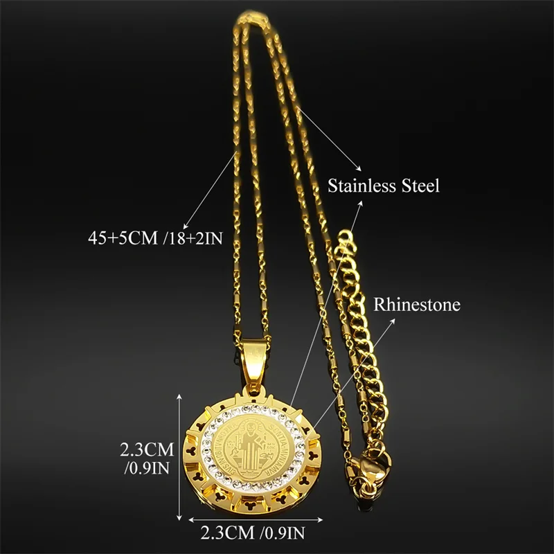 قلادة قلادة سان بنديكت للرجال والنساء ، الفولاذ المقاوم للصدأ ، لون ذهبي ، سلسلة مجوهرات سان بينيتو الدينية ، 8245-QKC