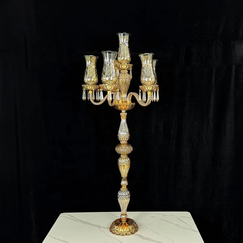 Wholesale 6 Arms Crystal Luxury Wedding Candle Holder Gold Table Centerpiece Crystal Glass Candelabra