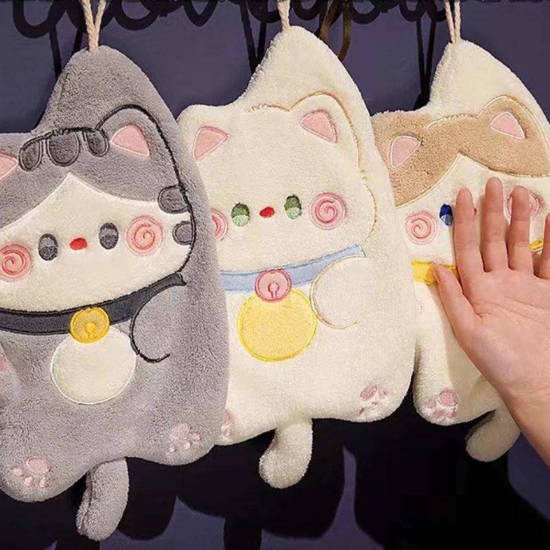 【Cute Cat Hand Towel Quick Dry Kitchen Cleaning Wipes Coral Velvet Cartoon Absorbent Hanging Towel Bathroom Accessories】