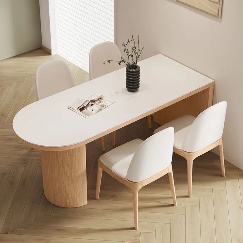 E0 environmentally friendly Asian log light luxury dining table and chair combination | Solid wood cream Nordic semi-round dinin