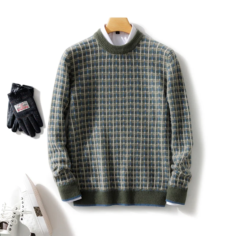 100% Merino Wool Men's Color-Blocking O-Neck Knitted Sweater Pullover Cashmere Fashion Long Sleeves Soft Casual Clothing Top