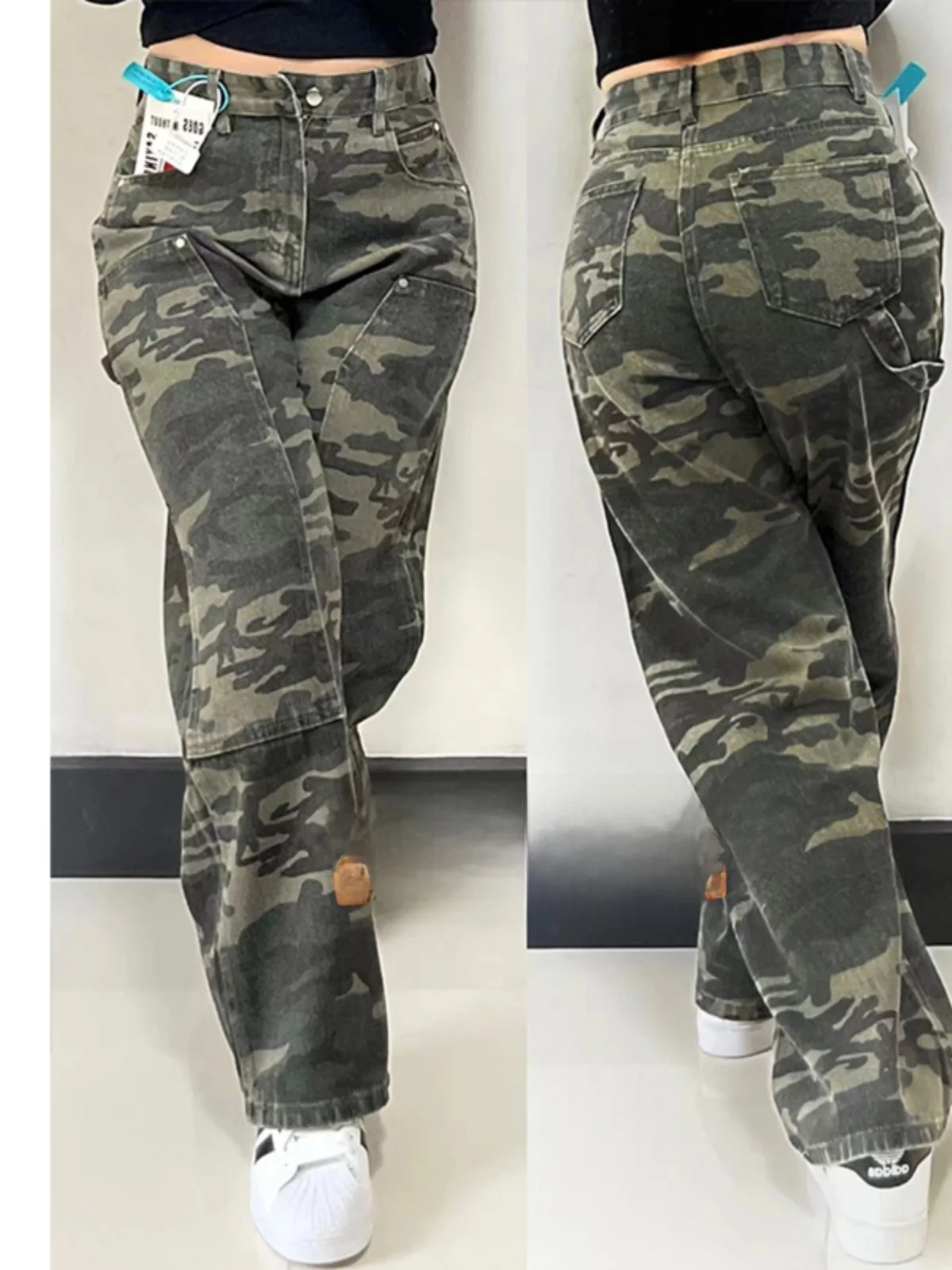

plus Size Women's Loose Fit Camouflage Workwear Jeans High Waist Straight Leg Conceal Meat Autumn New Sle Casual Faion