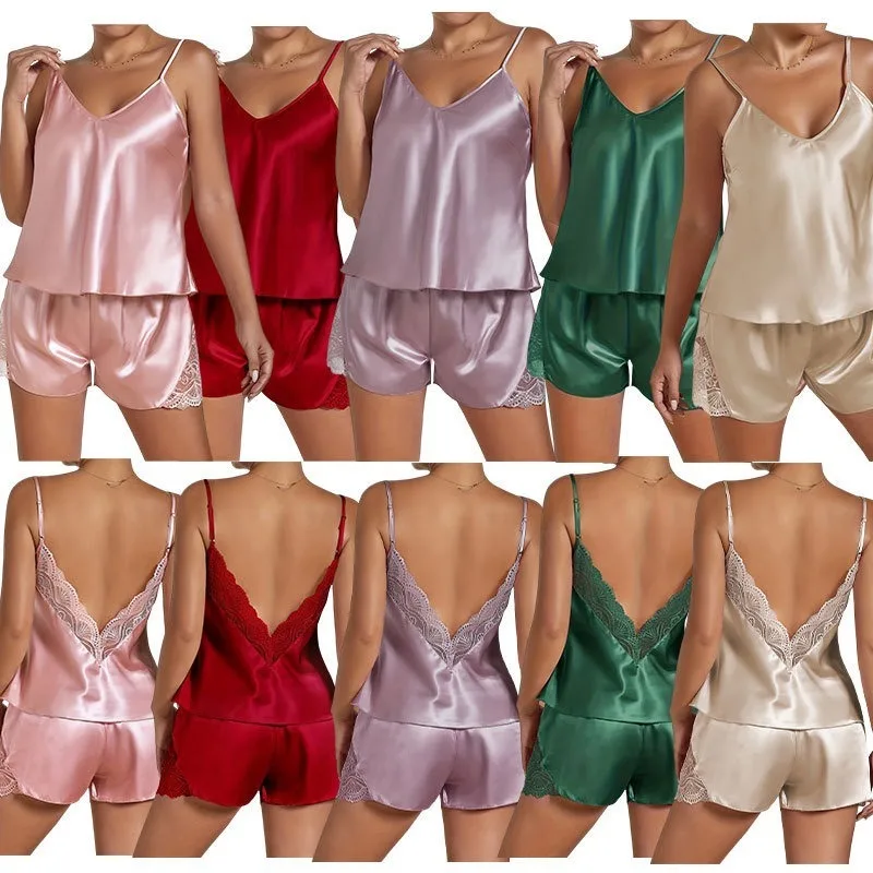 Women Satin Lace V Back Cami Shorts Pajama Set Thin Summer Loungewear Sleepwear