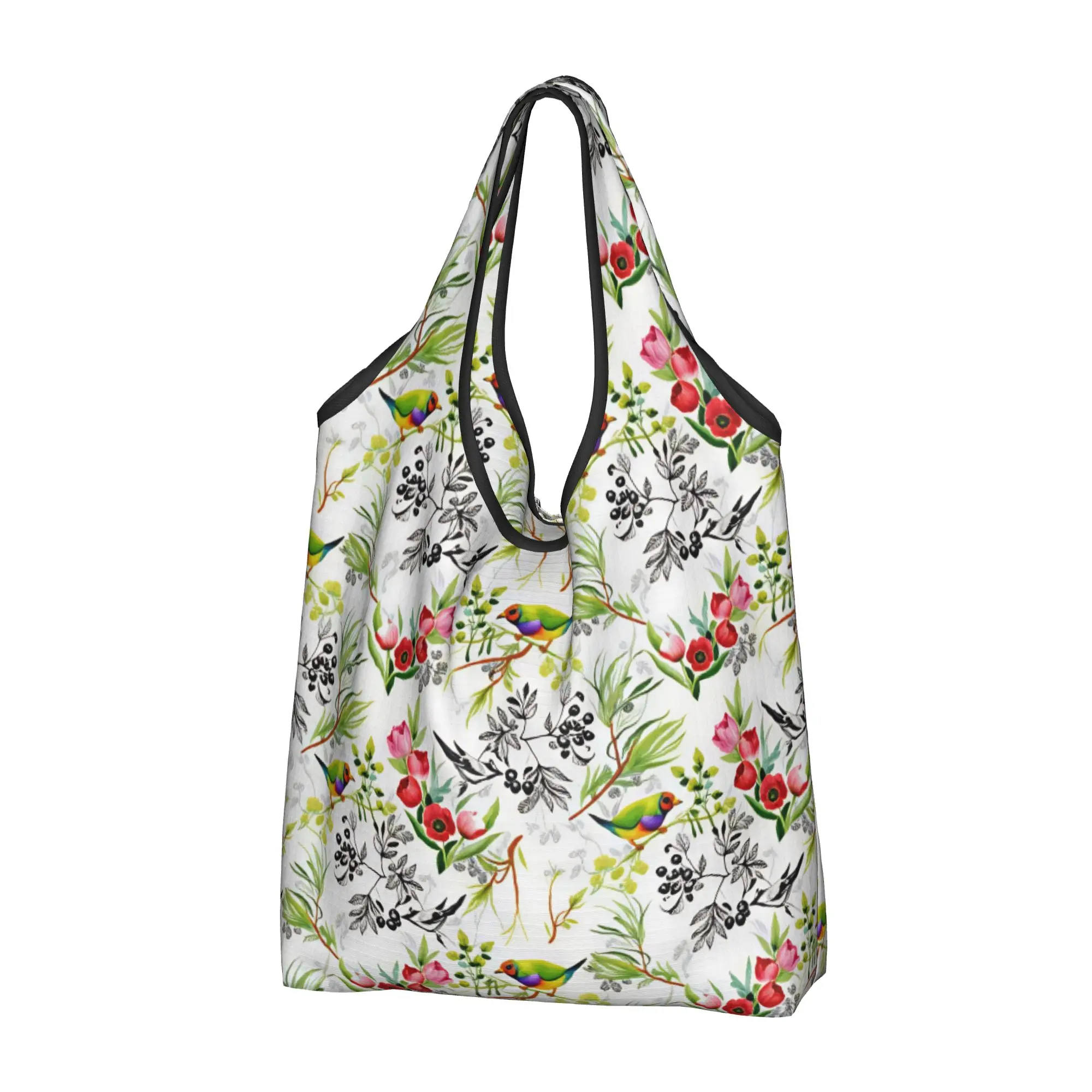 Fashion Trend Watercolor Birds And Plant Flowers Shopping Tote Bags Portable  Grocery Shopper Shoulder Bag