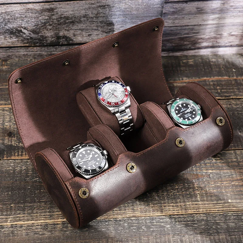 

3-Slot Travel Watch Storage Box with Soft Lining Watch Collection Protection Vintage Brown Genuine Cowhide Leather Watch Case