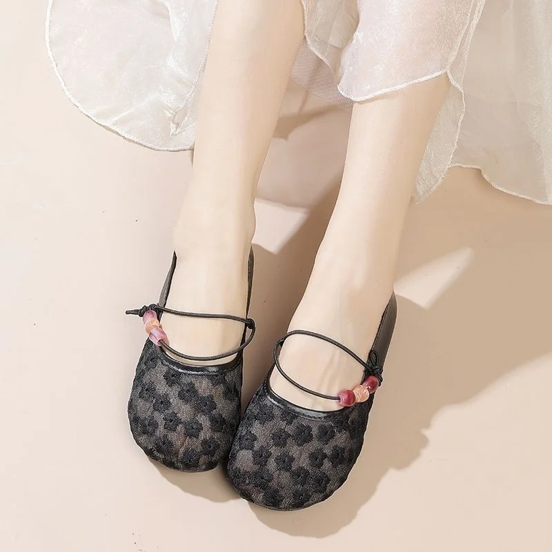 

New Elegant Sheer Mesh Mary Jane Flats Woman Beads String Loafers Women Pearl Thin Faux Leather Patchwork Niche Shoes Breathable