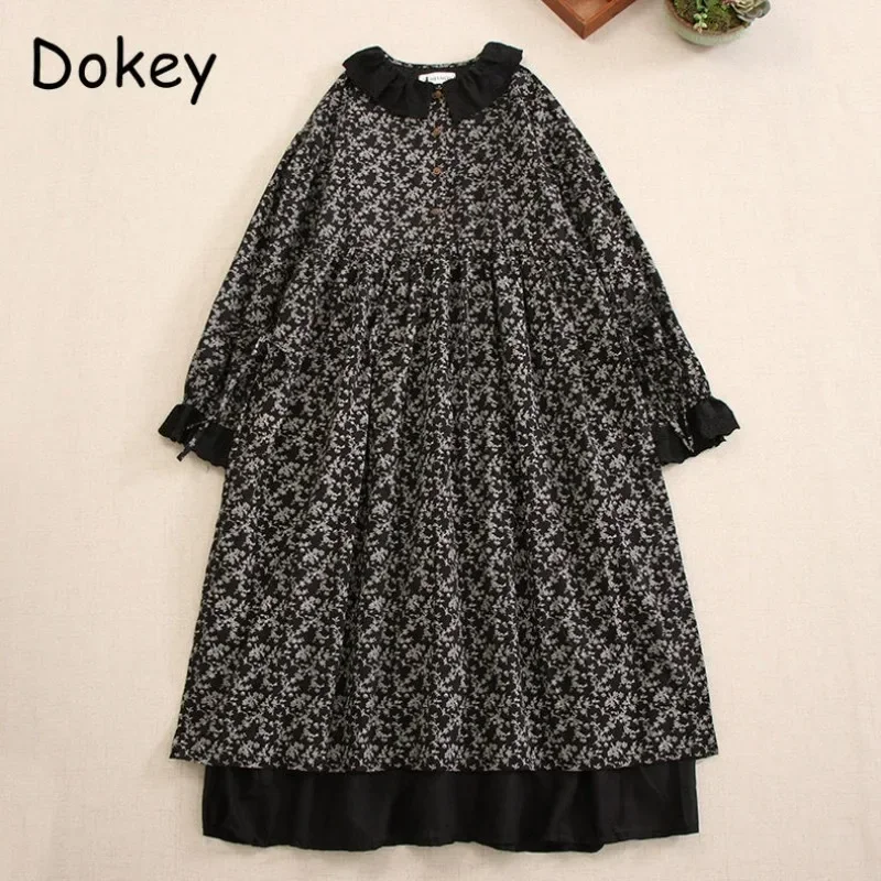 Women's Vintage Flower Long Sleeve Dress Japanese Mori Girl Peter Pan Collar Patchwork Cotton Dress Autumn Casual Loose Vestidos