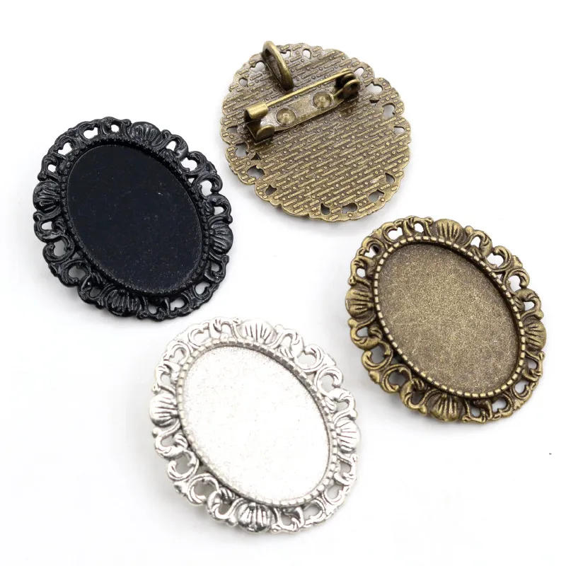 5pcs 18x25mm Inner Size Antique Silver Plated and Bronze Black Plated Brooch Pin Classic Style Cameo Cabochon Base Setting