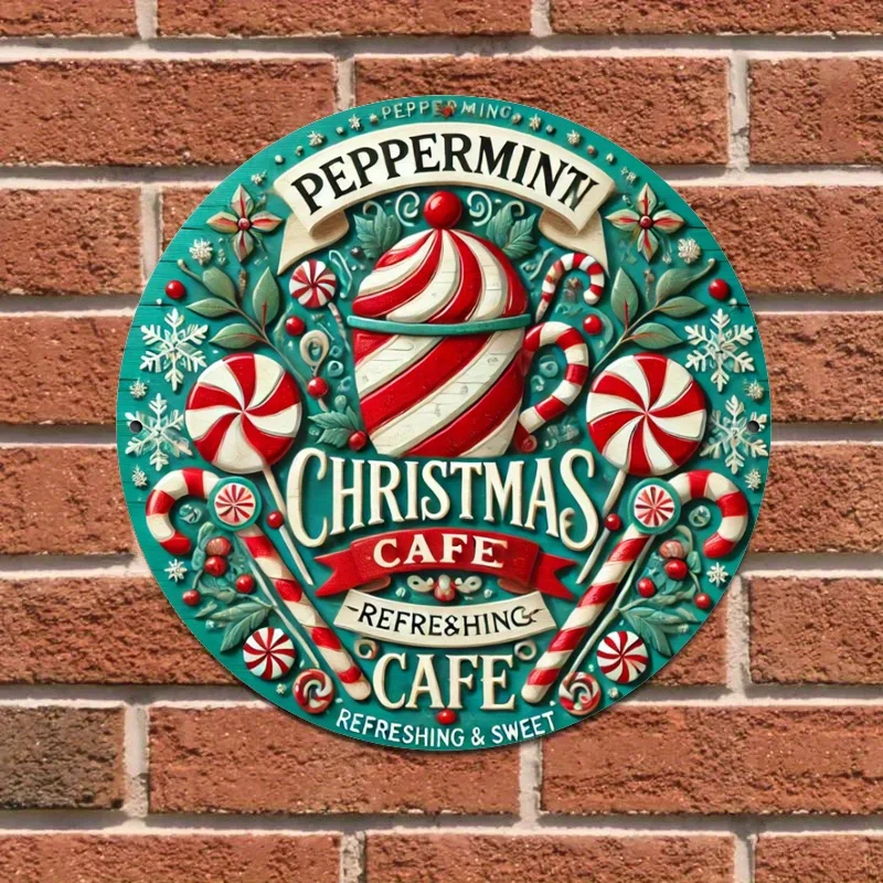 Vintage Farmhouse Christmas Wooden-Style Iron Wall Sign - Circular Holiday Decor with Peppermint, Candy Canes & Snowflakes