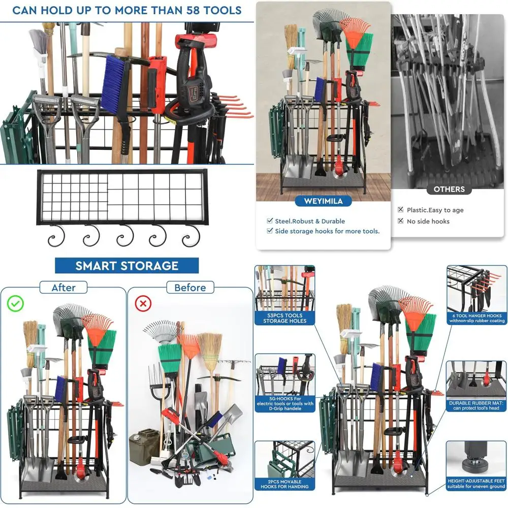 

Outdoor Heavy Duty Steel Garden Tool Storage Rack, Holds Up to 58 Long-Handled Tools, Black