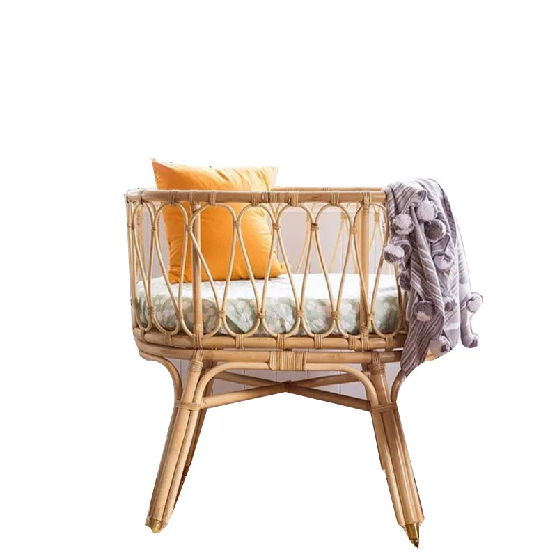 

Real rattan children's bed Solid wood widened splicing bedside Baby bed with guardrail