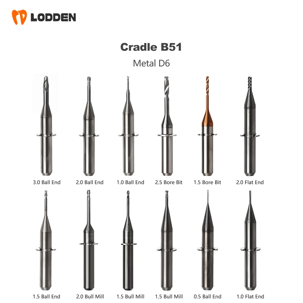 

Dental Milling Burs Cradle UPCERA B51/B52 for Metal D6 Ball Flat End Bore Bit Bull Mill Drills Denstistry Grinding Tools