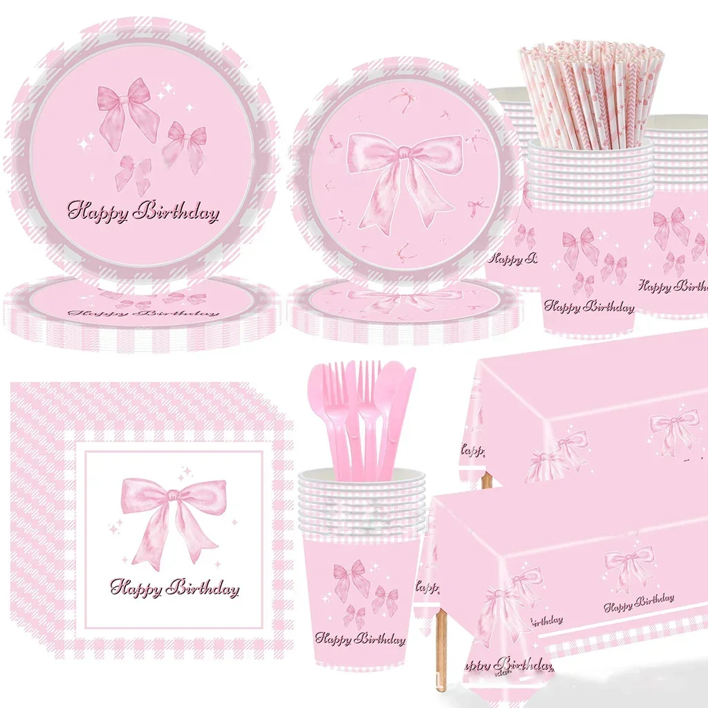 8Guests Pink Bow Birthday Disposable Tableware Bowknot Happy Birthday Plate Napkin Girl Princess Happy Birthday Party Supplies