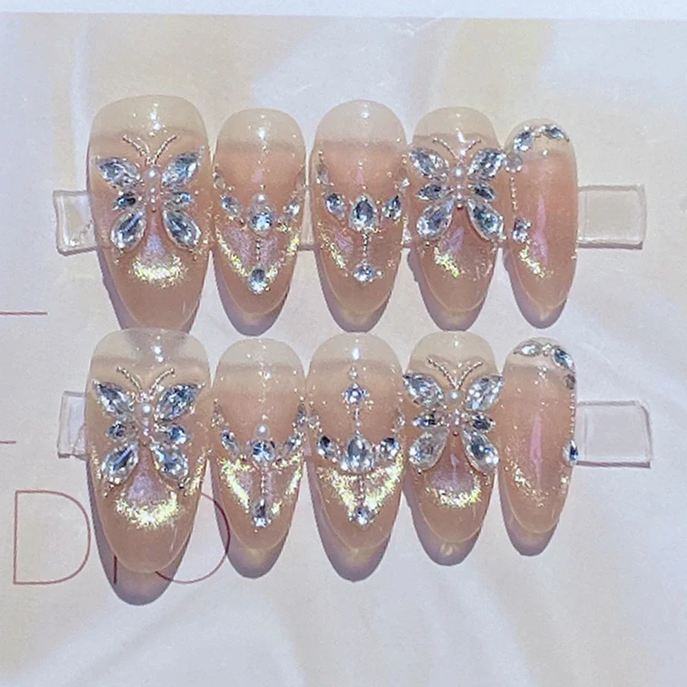 10Pcs Cute Colorful Flowers Handmade Almond Square Full Cover Fake Nail Glitter Diamond Pentagram Cat Eyes Wearable False Nail