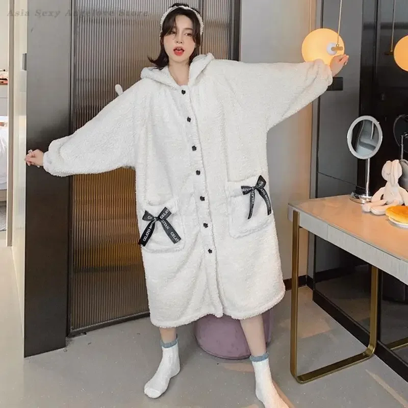 Women Hooded Bath Robe Kimono Gown Winter Thick Coral Fleece Nightgown Sleepwear Winter Loose Flannel Long Nightdress Home Wear