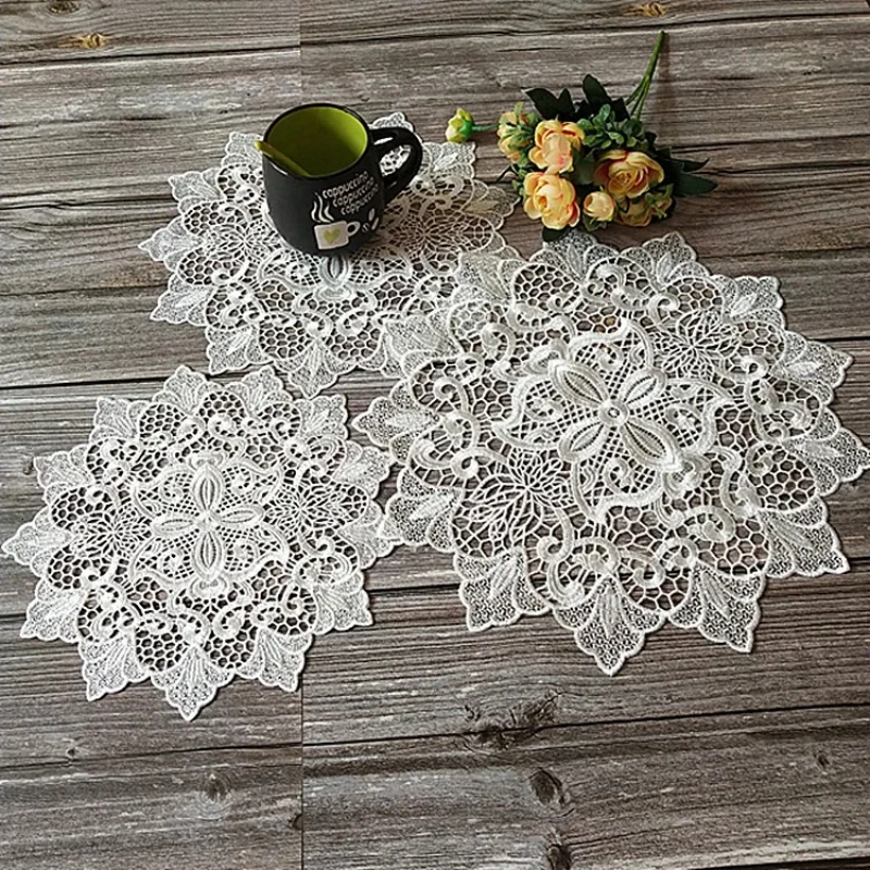 Vintage Milky White Water Soluble Embroidery Lace Placemat Coaster Vase Plate Pad Coffee Table Mat Christmas Wedding Decoration