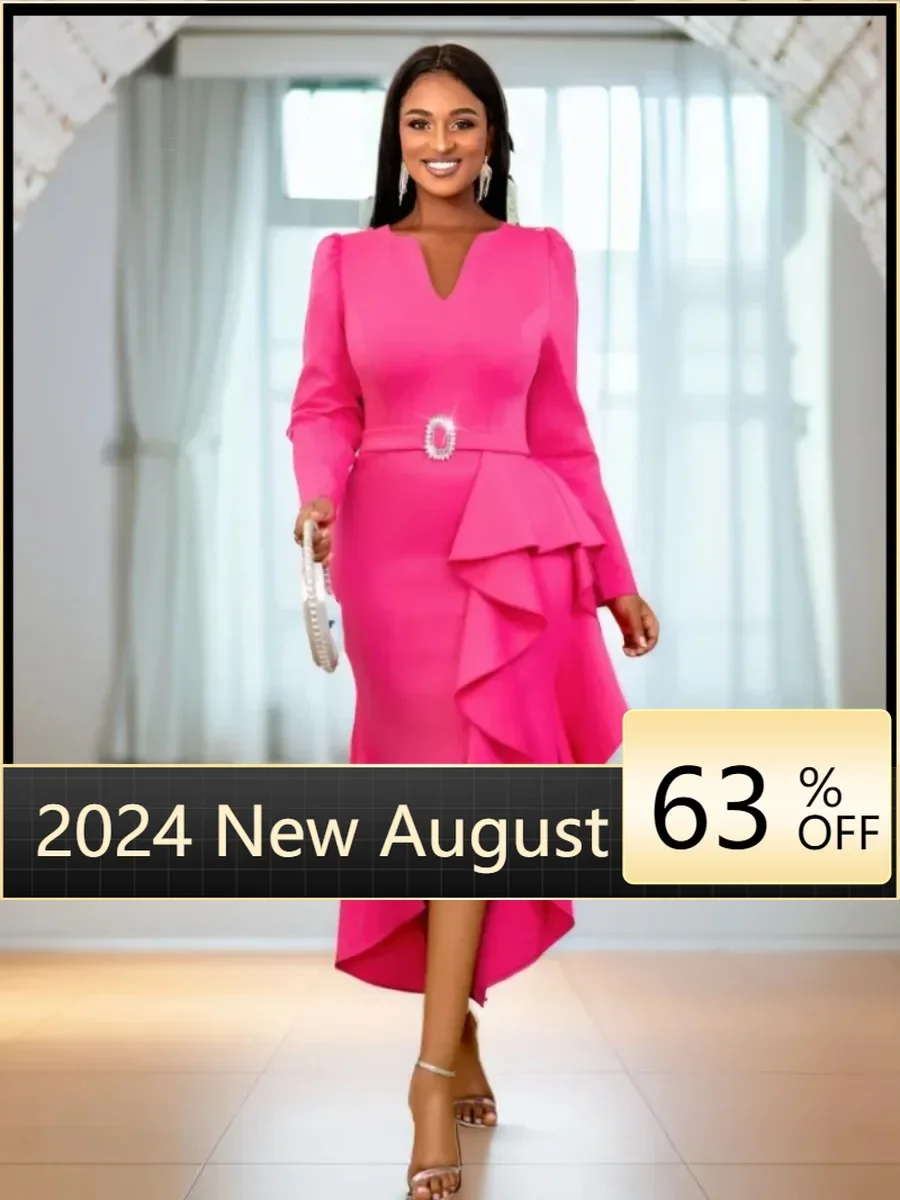 

Elegant Women Dresses V Neck Long Sleeve Irregular Ruffles Fuchsia Evening Birthday Cocktail Event Party Gowns for Ladies