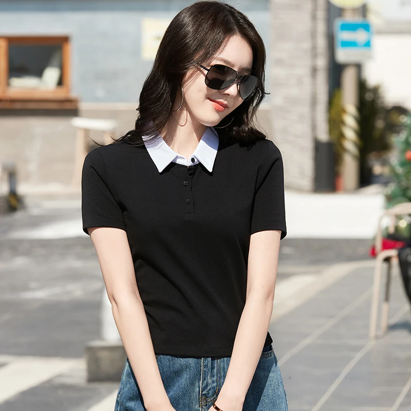 Summer New Cotton Polo Shirt Solid Color Polo Neck Short Sleeve High Waist Short Style Slim Fit Fashion Casual Women\'s Shirt