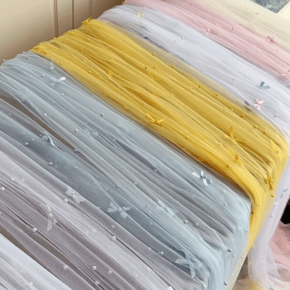 75×300cm Pearl Chiffon Table Flag Pearl Chiffon Fabric Semi Transparent Pearl Tulle Table Runner Sheer Drapes European Style