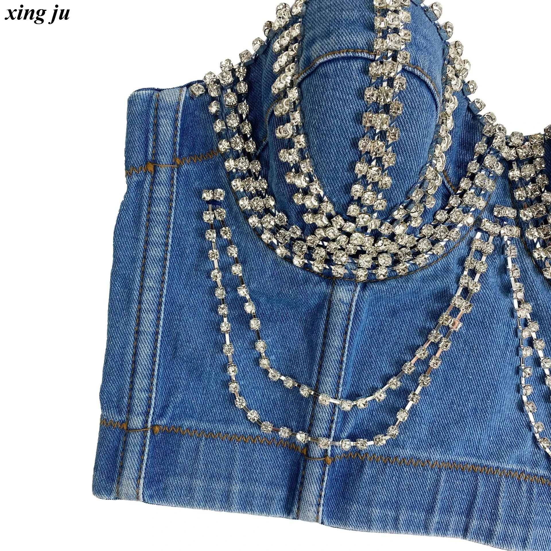 Xing Ju Zanger Nachtclub Podium Diamant Slanke Tops Vrouwen Jazzdans Sexy Backless Denim Sling Vest Vrouwen Party Prestaties Slijtage