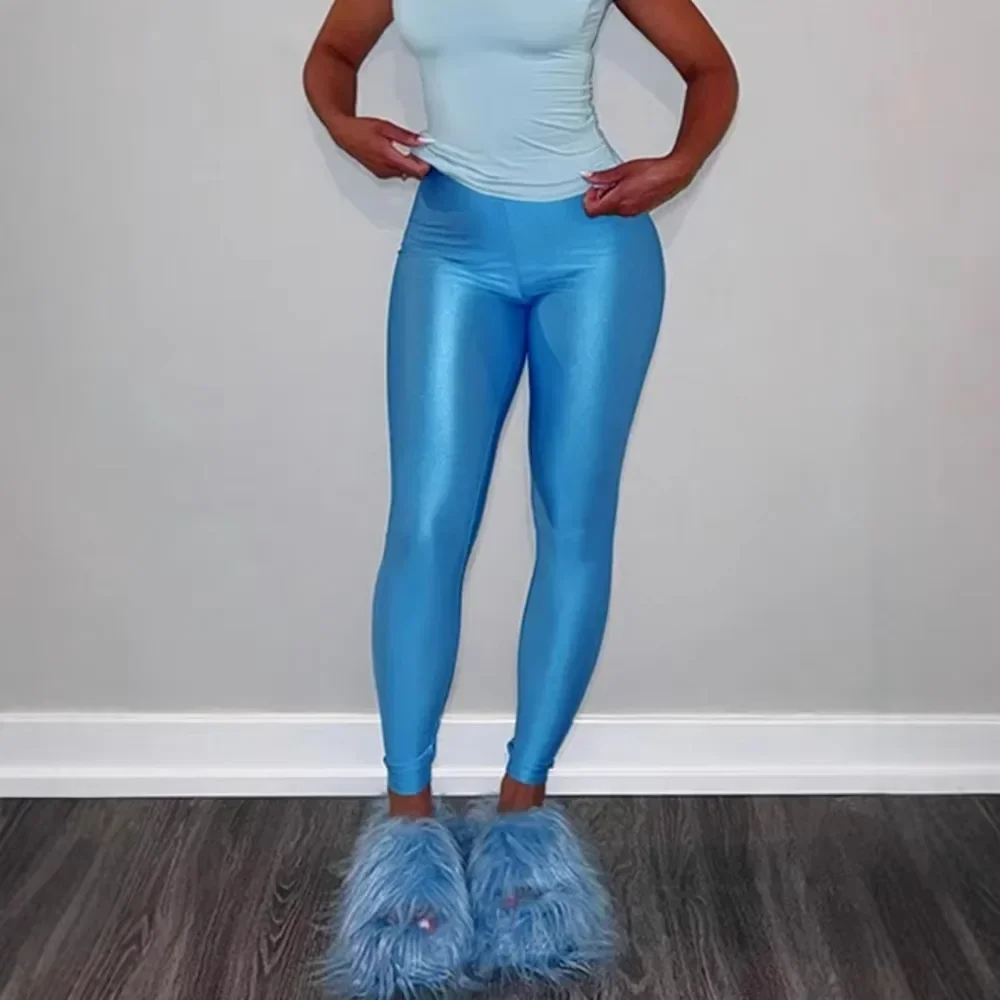 Women Colorful Dopamine Shiny Ice Silk Leggings High Waist Tight Breathable Quick Dry Gym Streetwear Ladies Activewear