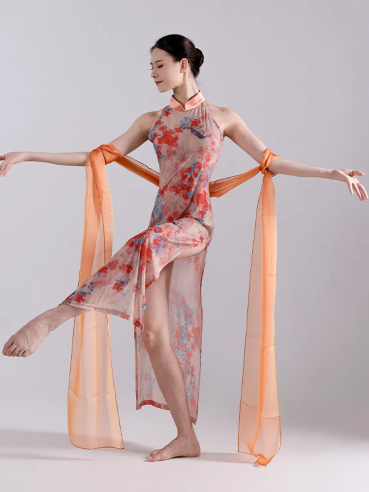 

Classical Music 2025 Classical Sleeveless Cheongsam Dance Chinese Style Elegant Cloak Long Skirt High Fork Performance