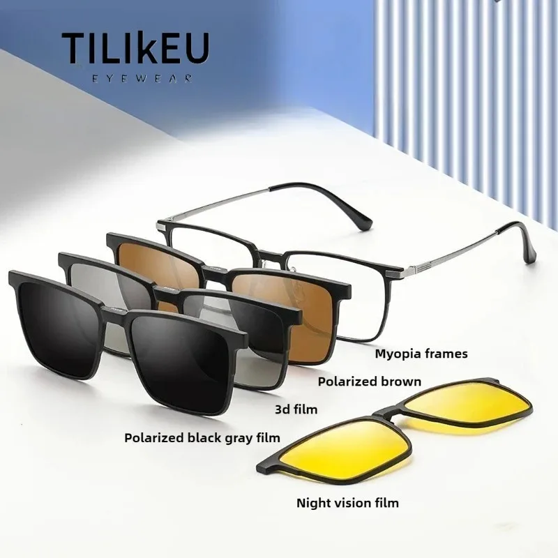 

Titanium Alloy Magnetic Eyeglasses Frame for Men 5 in 1 Ultra-light Myopic Polarized Sunglasses Square Many Function Frames Male