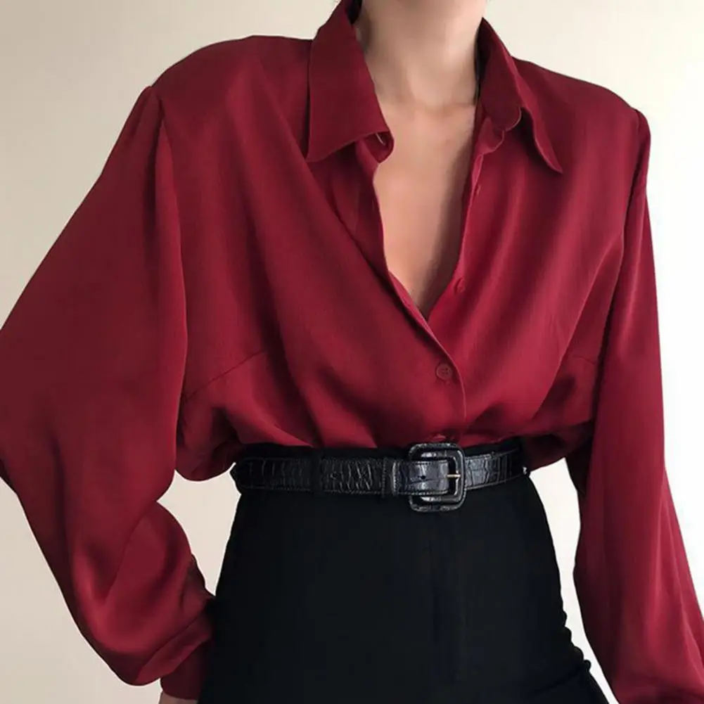 Lange Mouwen Blouse Button Up Shirt Hoge Kwaliteit Kantoor Dame Zijde Ol Stijl Single-Breasted Knoppen Turn-Down kraag Casual Shirt