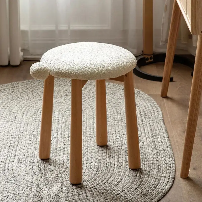 

Cream Style Household Rabbit Stool Detachable and Washable Soft Pack Dressing Table Bedroom Lambskin Solid Wood Chair Low Stool