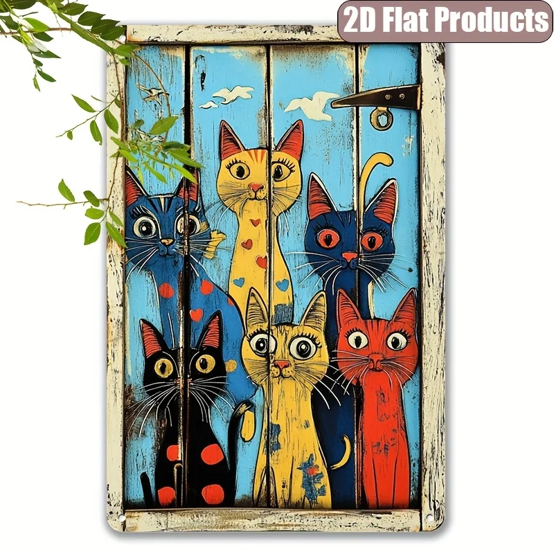 Vintage Cat Metal Wall Art Sign - Retro Home Decor with 5 Whimsical Cats,  Vibrant Colors & Pre-Drilled Holes for Easy Hanging,