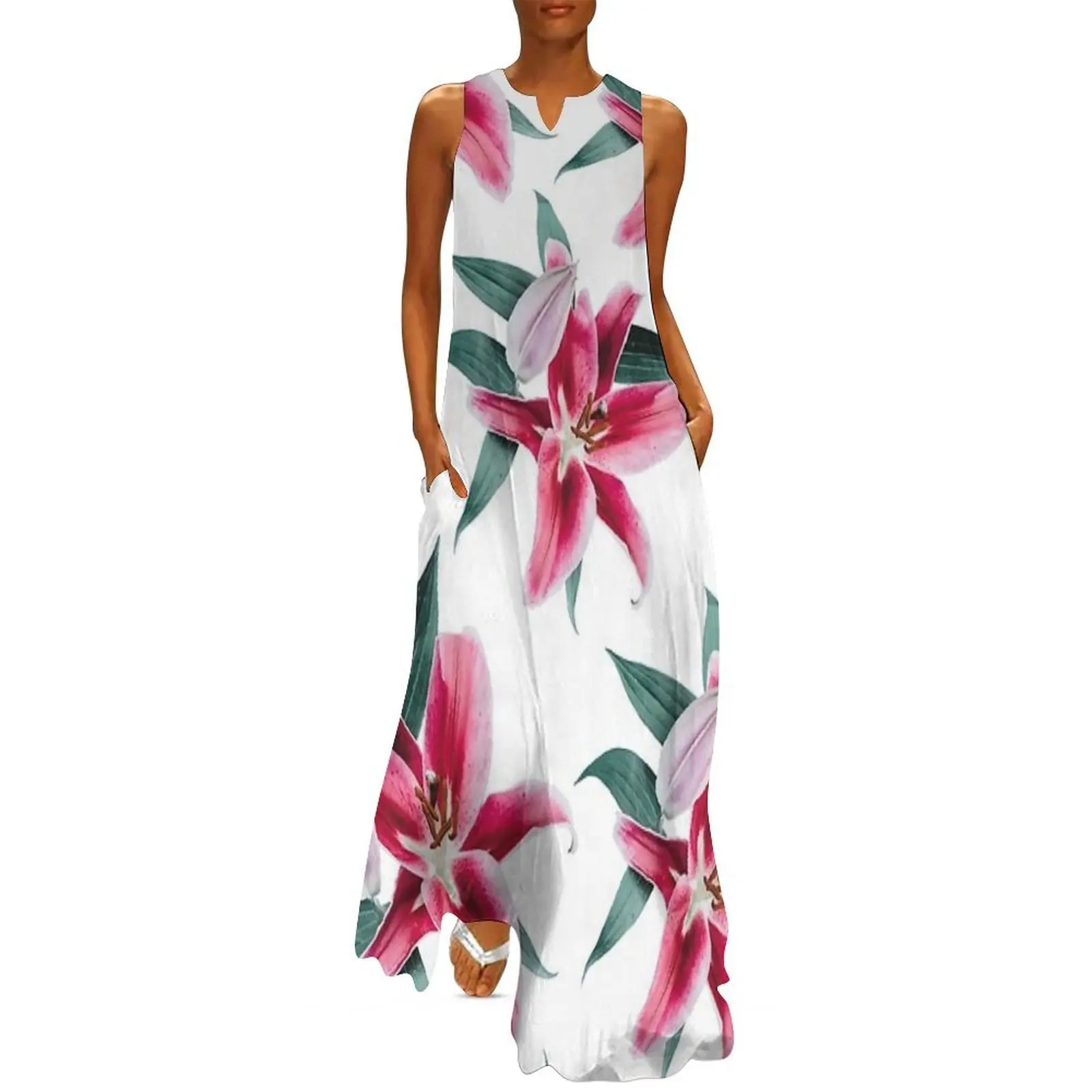 

Beautiful Asian Lilies Pattern in Pink on White Background Long Dress summer clothes Female clothing bandage dress