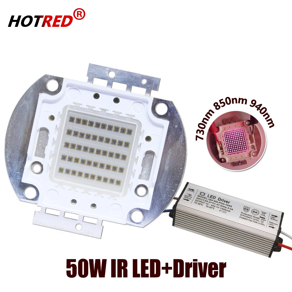 A Kit 50W IR Infrared Lamp LED Matrix 730nm 850nm 940nm Chip Diode Light+ Driver+Heatsink+Lens reflector For Night Vision Camera