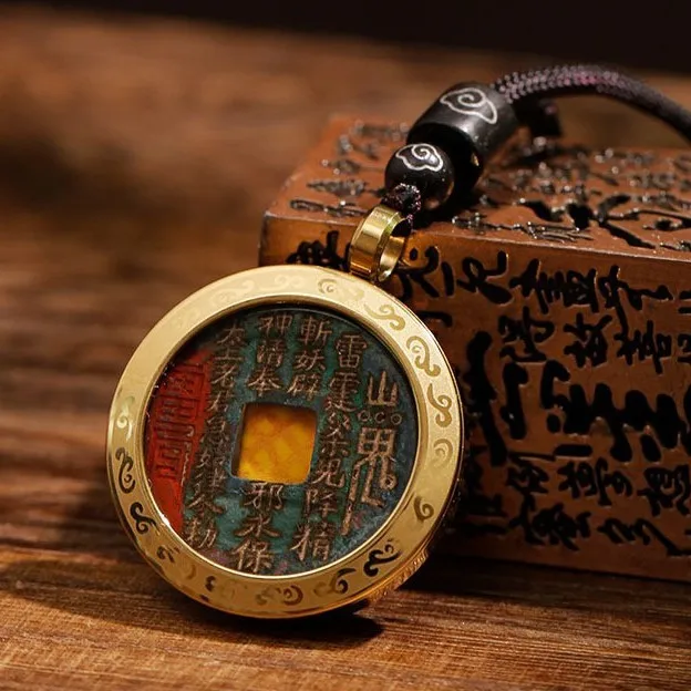 Chinese Medium Cinnabar Mountain Ghost Spending Money Ins Real Pure Copper Pendant Rope Fu Word Taoist Coin Lucky Necklace Charm