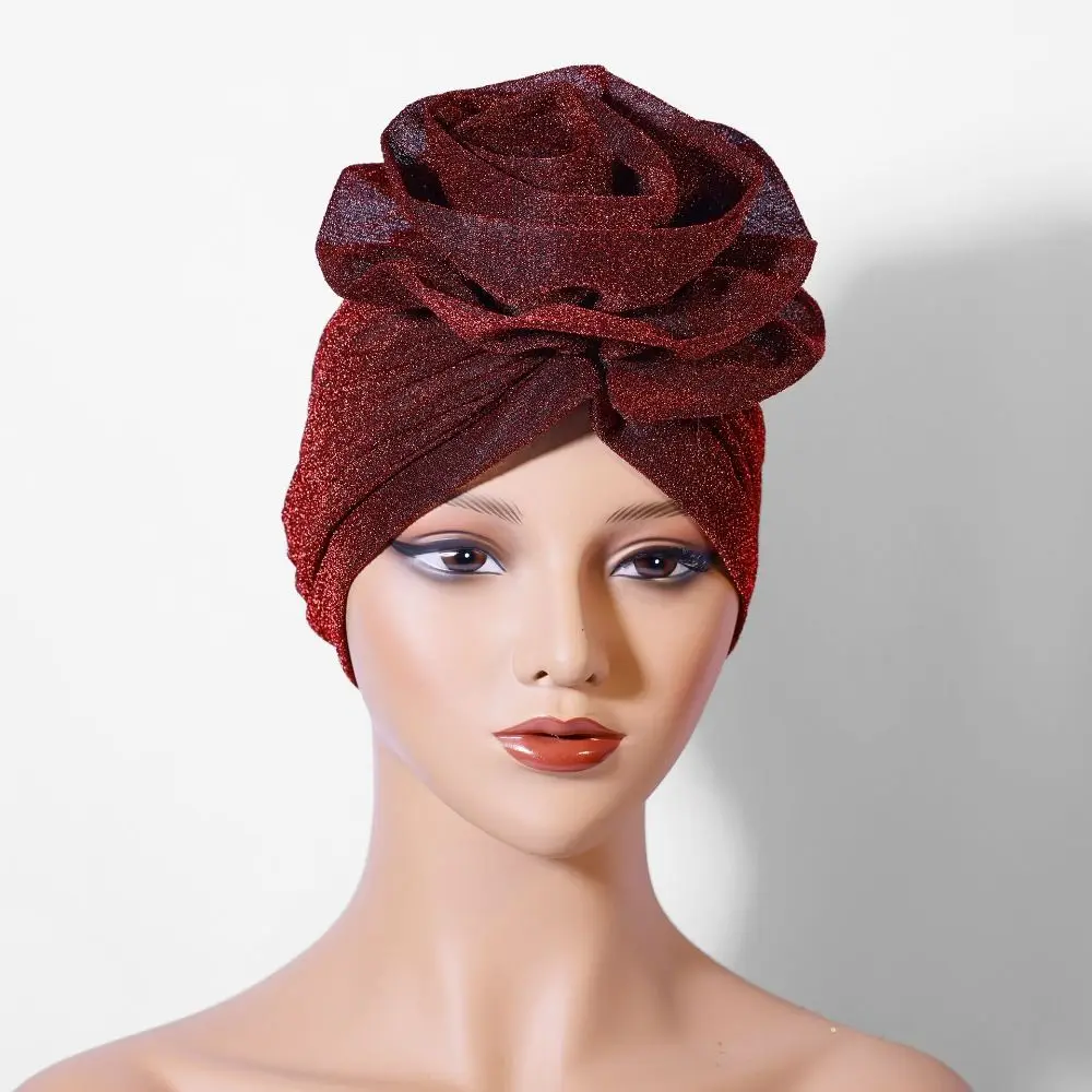 Afrikanische Turban-Kappen aus roher Seide, große Rose, atmungsaktiv, nigerianische Hochzeit, Geles-Kopfbedeckung, leichte Kopfbedeckung, Party-Kopfbedeckung