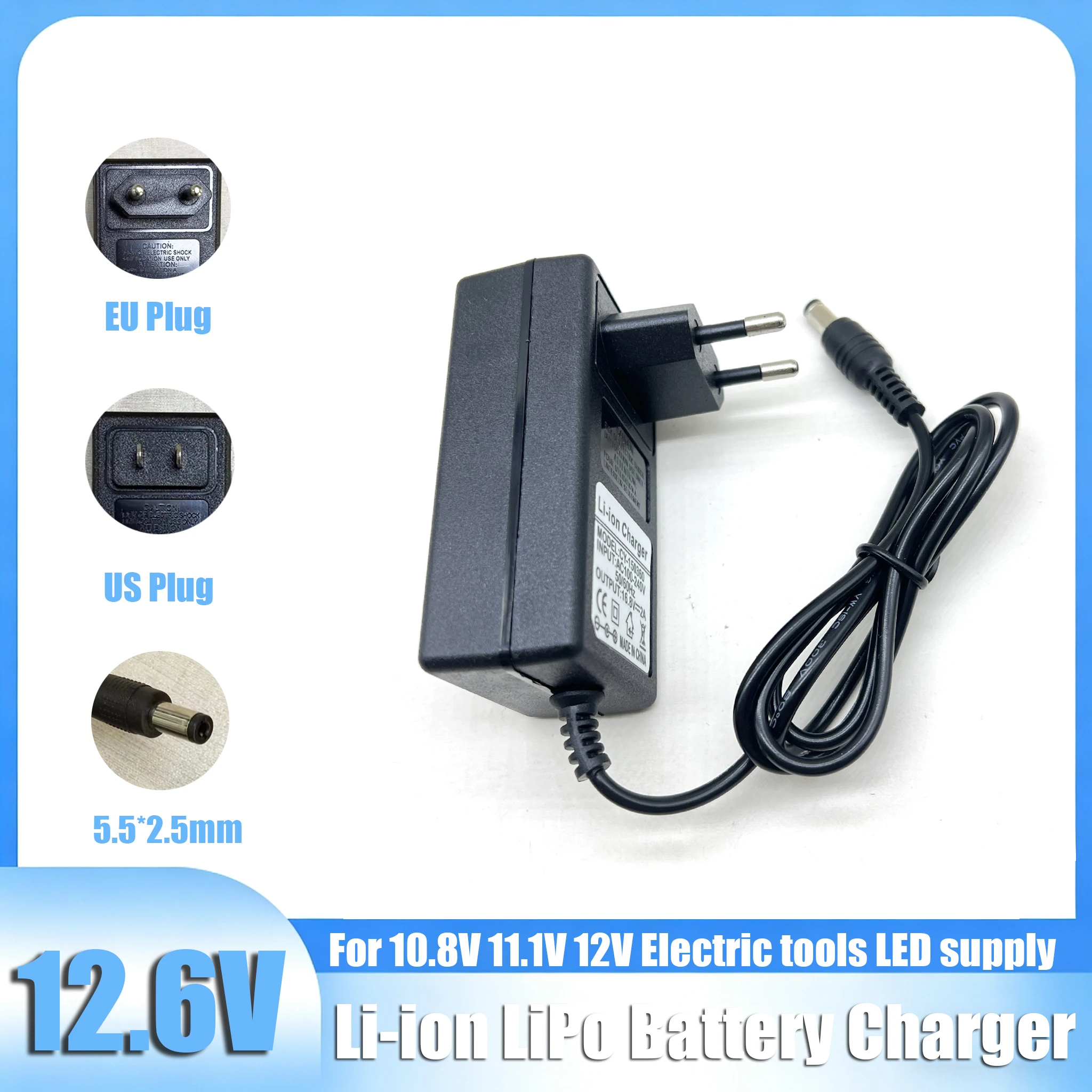 Carregador de Bateria Li-ion 12.6V 2A para Ferramentas Elétricas 3S 18650 10.8V 11.1V 12V, Fonte de Alimentação LED, Adaptador Universal com Plugue EU/US