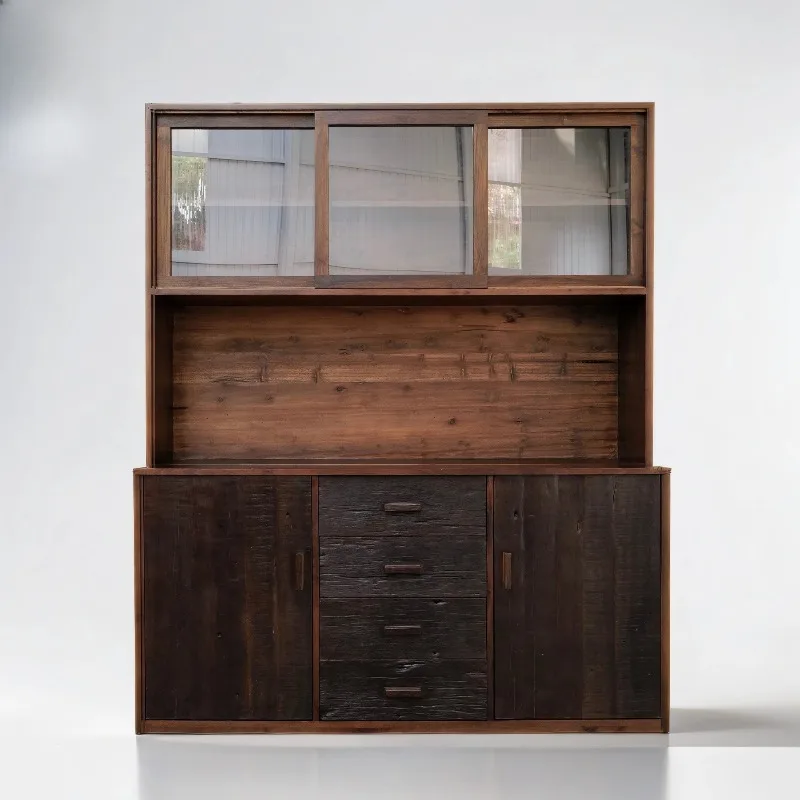 Large kitchen side cabinet Solid wood wabi-sabi split glass storage cabinet