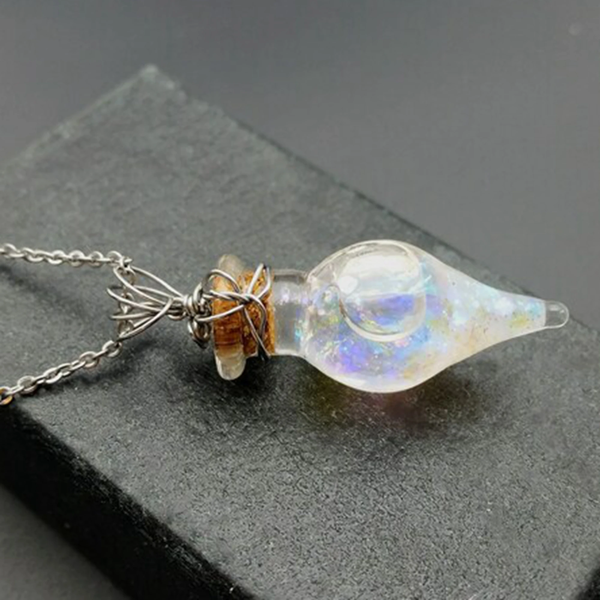 Phoenix Tears Rainbow Aurora Amphora Vial Necklace wrapped Imitation Floating Opal