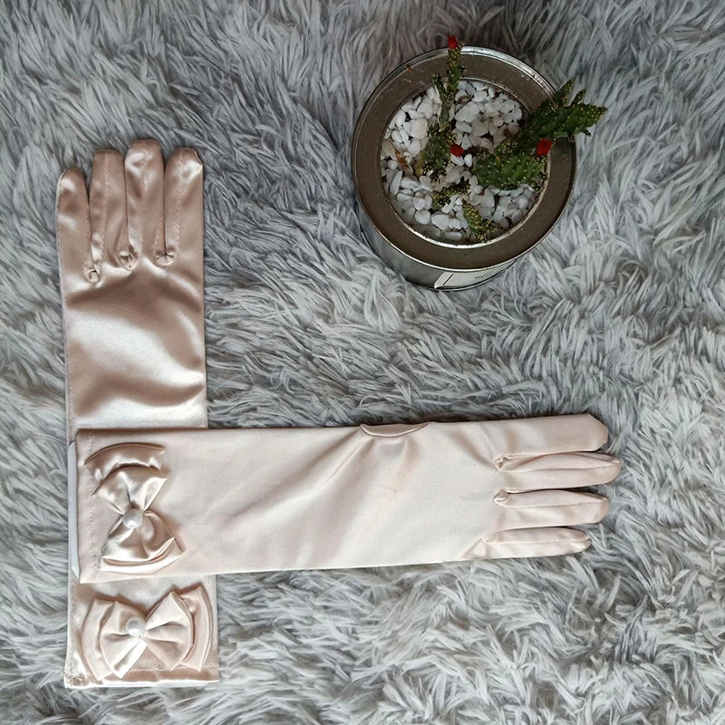 Gants en Satin pour enfants, longs de 29cm, Double couche, avec nœud en perle, mitaines à doigt complet, gants de scène de danse de princesse, accessoire de Costume