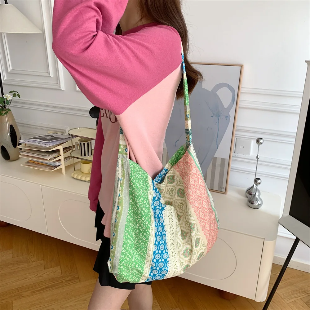 Large Capacity Women\'s Thin Cotton Shoulder Bag Vintage Floral Print Ladies Tote Shopping Bags Female Handbags Messenger Bag