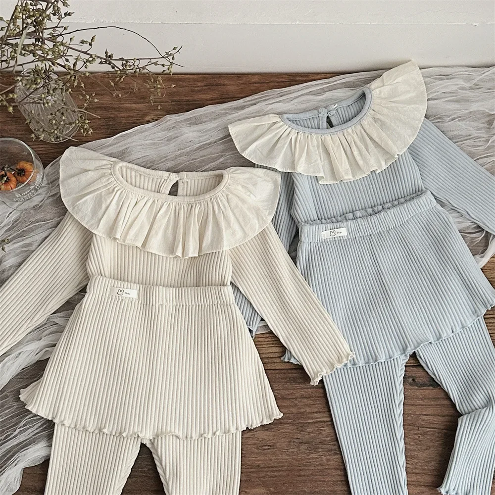 Baby Girls 2Pcs Casual Suit Spring and Autumn Pit Strip Lotus Leaf Collar Shirt+skirt Pants Two-piece Suit