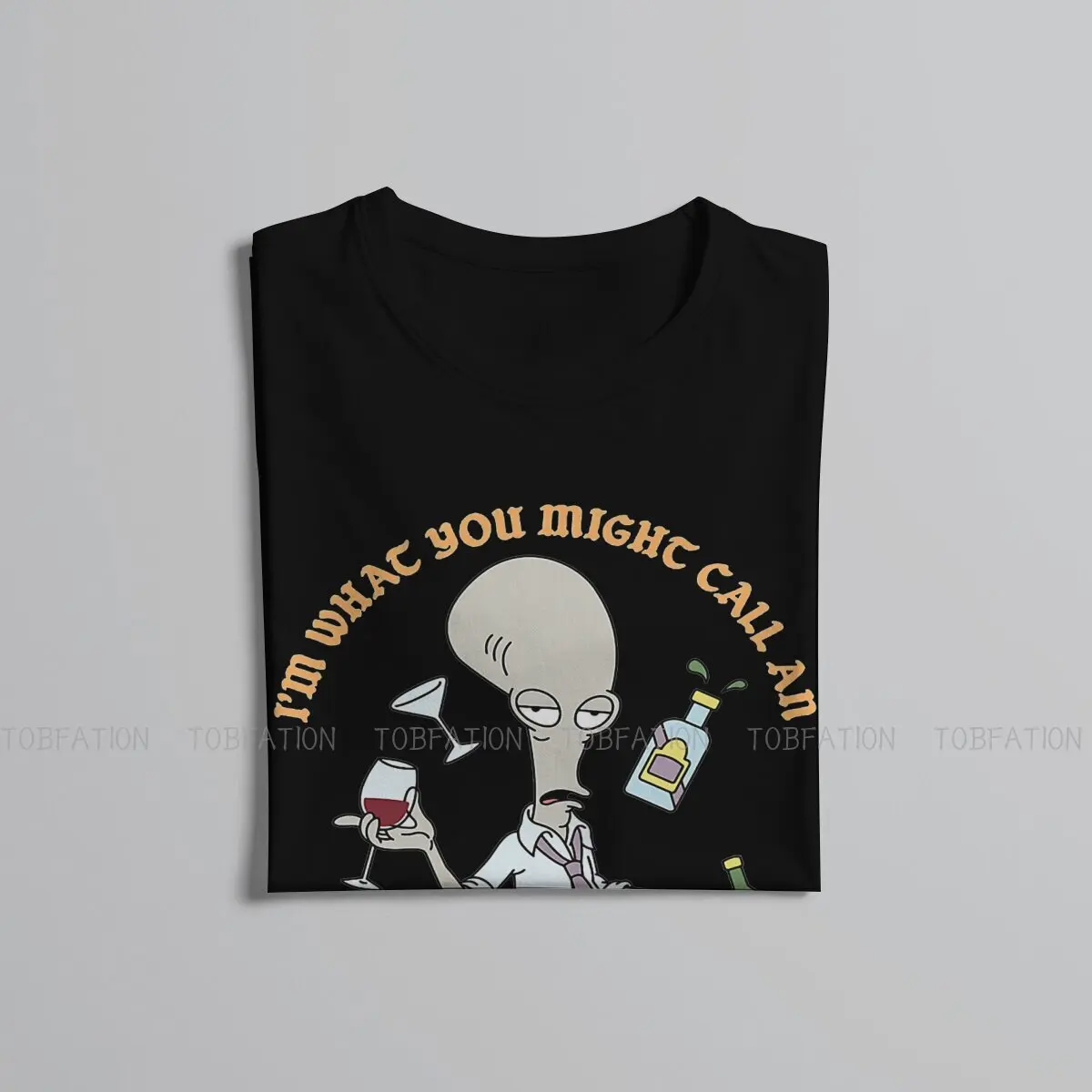 The Americans Roger Alien Cartoon Advanced Drinker Tshirt Black for Men Loose T Shirt Harajuku Men\'s Tops Short Sleeve